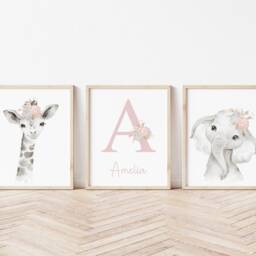 Girls Pink Safari Nursery Print Set Giraffe, Elephant, Initial - Set Of 3 - thumbnail 2