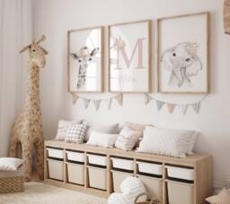 Girls Pink Safari Nursery Print Set Giraffe, Elephant, Initial - Set Of 3 - thumbnail 1