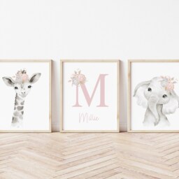 Girls Pink Safari Nursery Print Set Giraffe, Elephant, Initial - Set Of 3 - thumbnail 3