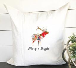 Merry & Bright Eclectic Reindeer, 18x18 Pillow Cover, Christmas Boho Decor, Retro Decor - thumbnail 1
