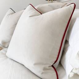 Ivory Velvet Pillow Cover Dark Red Piping, Cream Cushion