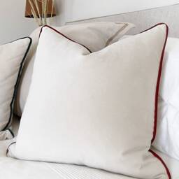 Ivory Velvet Pillow Cover Dark Red Piping, Cream Cushion - thumbnail 3