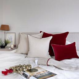 Ivory Velvet Pillow Cover Dark Red Piping, Cream Cushion - thumbnail 4