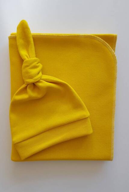 Yellow Organic Swaddle Blanket & Newborn Hat. Set. Gender Neutral Take Baby Shower Gift. Photo Prop - image 1