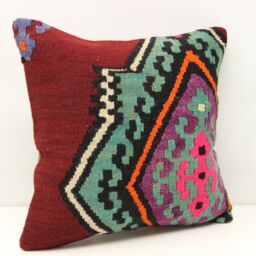 Handmade Turkish Kilim Pillow Cover, 16x16 Boho Home Decor - thumbnail 2