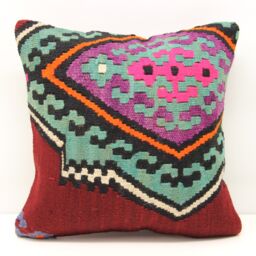Handmade Turkish Kilim Pillow Cover, 16x16 Boho Home Decor - thumbnail 3
