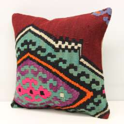 Handmade Turkish Kilim Pillow Cover, 16x16 Boho Home Decor - thumbnail 1
