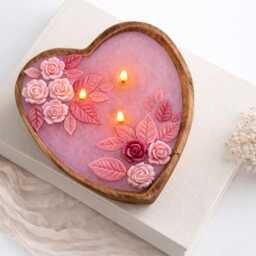 Large 3 Wick Heart Shaped Candle, Scented Soy Wax Wooden Bowl, Romantic Gift For Her, Valentines Day Candle Gift, Anniversary Gift, Flower Candle - thumbnail 2