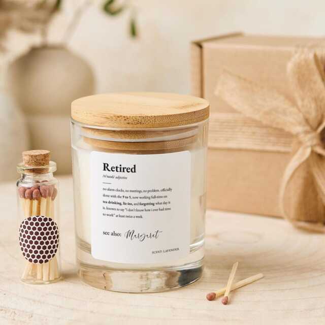 Retirement Gift For Her Him Personalised Retired Candle Funny Definition Keepsake Colleague Friend Leaving Work Present - image 1