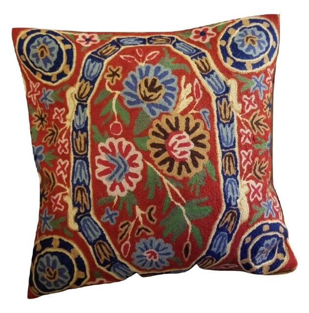 "Handmade Floral Embroidered Wool Cushion Cover - 16""x16" - image 1