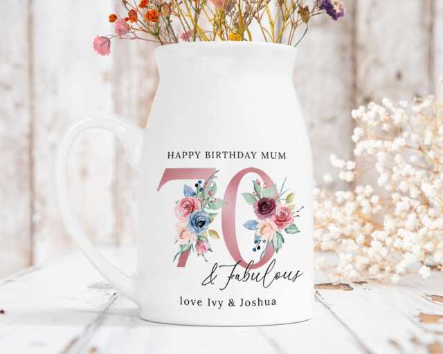 Personalised Milk Jug Style Ceramic Vase, Any Age Birthday Gift, Small Flower Relation Mum Nana Nanny, 60 70 80 90 & Fabulous - image 1
