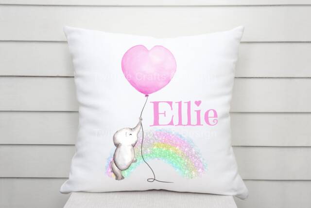 Personalised Baby Elephant With Balloon Luxurious Cushion. Personalized Pillow. Nursery Gift. Boy. Girl - image 1