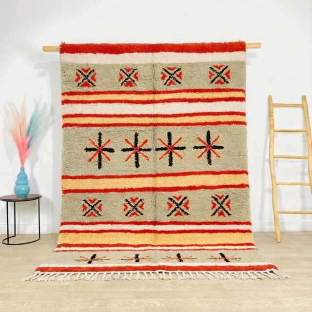 Beige Moroccan Berber Rug With Black Striped Pattern, Handmade Wool Shag Rug, Tribal Style Carpet, 9x12 Living Room - image 1