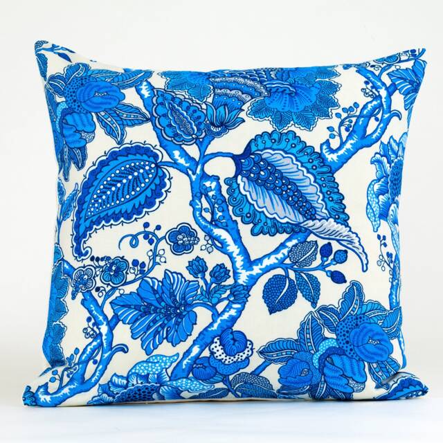 Blue Floral Pillow Cover, Designer Duralee Fabric, Linen Blend - image 1