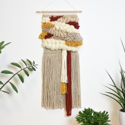 Handcrafted Woven Wall Hanging Boho Textile Art, Warm Tones