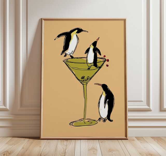 Penguin Cocktail Art Print, Whimsical Bar Wall Art, Playful Animal Illustration Poster, Modern Minimalist Kitchen Decor - image 1