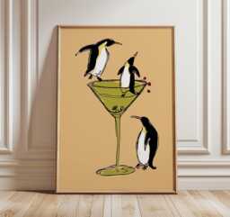 Penguin Cocktail Art Print, Whimsical Bar Wall Art, Playful Animal Illustration Poster, Modern Minimalist Kitchen Decor - thumbnail 1
