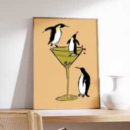 Penguin Cocktail Art Print, Whimsical Bar Wall Art, Playful Animal Illustration Poster, Modern Minimalist Kitchen Decor - thumbnail 2