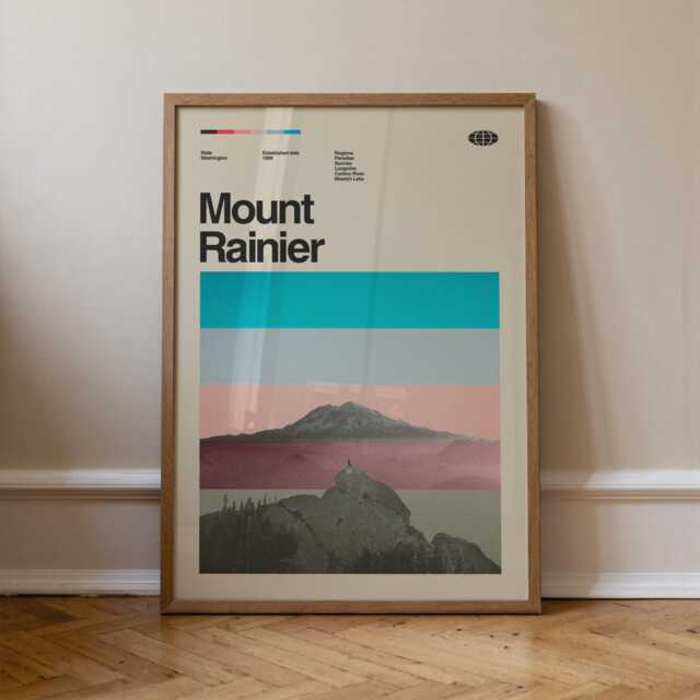 Mount Rainier National Park Mid-Century Travel Poster, Abstract Minimalist Art Print, Washington Poster - image 1