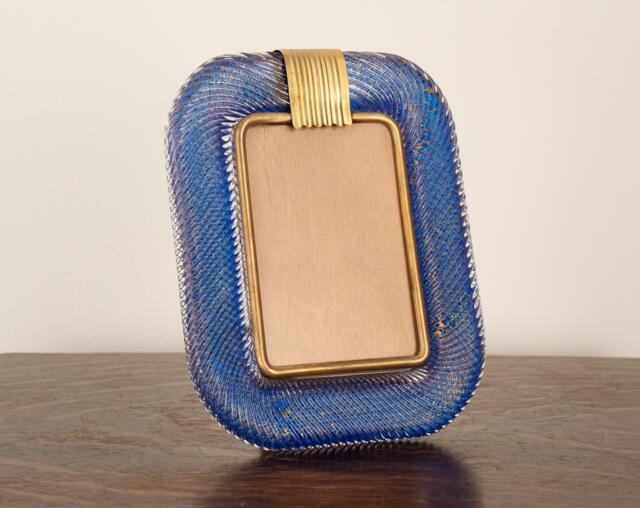 Twisted Glass Photo Frame Blue Gold Murano Brass Details, Handmade in Venice, Italy - image 1