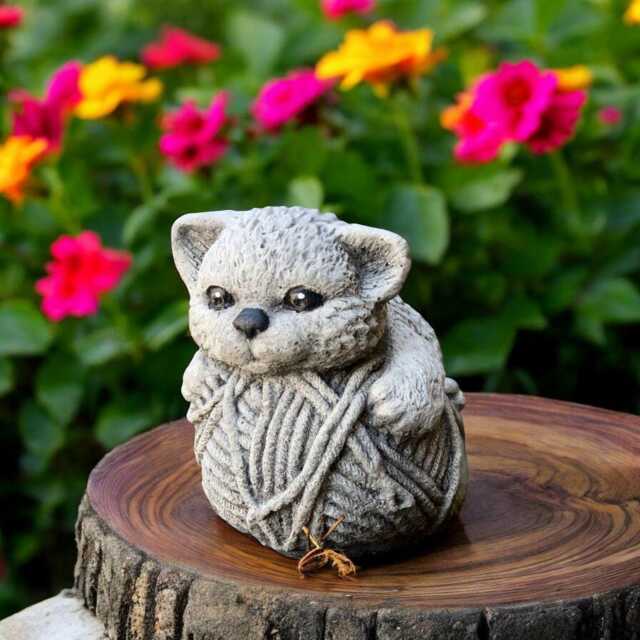 Concrete Kitten Statue On Yarn Ball Handmade Cat Figurine Stone Pet Sculpture Cement Garden Ornament Outdoor Yard Decor Cat Lover Gift - image 1