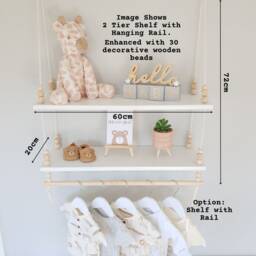 2 Tier Nursery Shelf With Clothes Rail, White Double Swing Rope Shelf, Shelves Hanging Boho Decor - thumbnail 2
