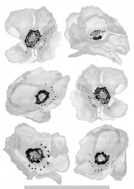 Cloudy Grey Poppy Wall Decals, Hand-Painted Decals For Walls, Tiles & Furniture, Floral Tattoo Furniture Decal By Easysweethome - image 1