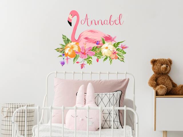 Flamingo Custom Girl Name Wall Decal - Animal Nursery Decor Flower Print Vinyl Stickers Baby Room Decoration R62 - image 1