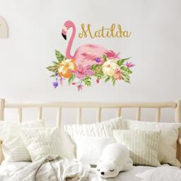 Flamingo Custom Girl Name Wall Decal - Animal Nursery Decor Flower Print Vinyl Stickers Baby Room Decoration R62 - thumbnail 2
