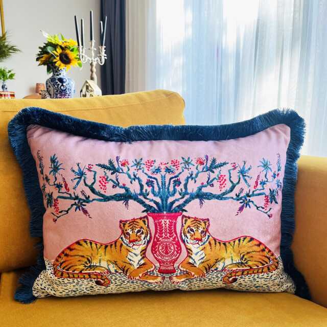 Tiger Print Pillow Cover - Pink Velvet Cushion Tassel Throw Animal Decor Unique Gift For Her Stylish Home & Room Accent - image 1