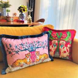 Tiger Print Pillow Cover - Pink Velvet Cushion Tassel Throw Animal Decor Unique Gift For Her Stylish Home & Room Accent - thumbnail 2