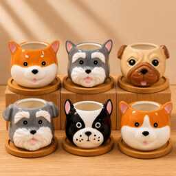 Dog Succulent Plant Pots With Bamboo Coaster/Small Ceramic Desktop Planters Indoor Office Home Decoration New Gift Idea - thumbnail 1