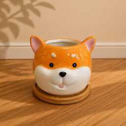 Dog Succulent Plant Pots With Bamboo Coaster/Small Ceramic Desktop Planters Indoor Office Home Decoration New Gift Idea - thumbnail 4