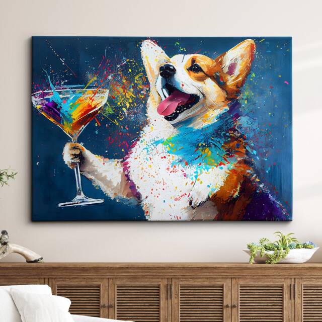 Corgi Toasting Drink Dog Pet Abstract Modern Painting Wall Art, Framed Canvas Poster Print, Home Kitchen Office Room Decor, Gifts - image 1