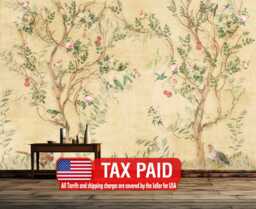 Chinoiserie Wallpaper Mural Spring Flowers, Crane, Birds Peel & Stick