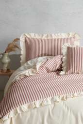 Cherry 100% Cotton Ruffle Yarn Dyed Double Duvet Cover, Modern Striped Comforter & Sheet Set, Stripes Quilt Fastener Gift