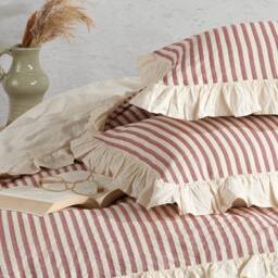 Cherry 100% Cotton Ruffle Yarn Dyed Double Duvet Cover, Modern Striped Comforter & Sheet Set, Stripes Quilt Fastener Gift - thumbnail 3
