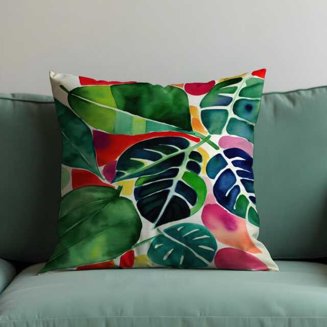 Tropical Watercolor Leaf Cushion Cover, Colorful Jungle Botanical Pillowcase, Bright Green & Red Decorative Throw Pillow Cover - image 1