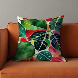 Tropical Watercolor Leaf Cushion Cover, Colorful Jungle Botanical Pillowcase, Bright Green & Red Decorative Throw Pillow Cover - thumbnail 2