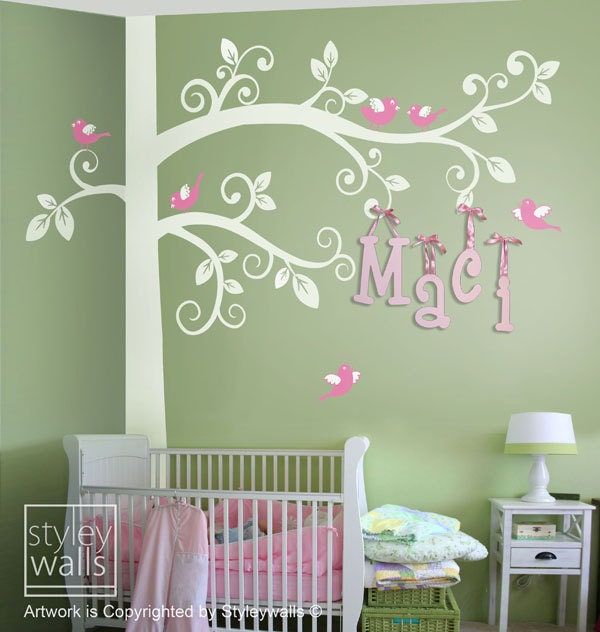 Swirly Tree Wall Decal, Corner With Birds Sticker For Kids Nursery Decor - image 1