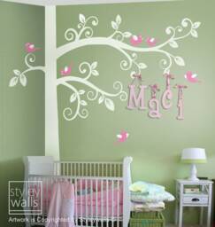 Swirly Tree Wall Decal, Corner With Birds Sticker For Kids Nursery Decor - thumbnail 1