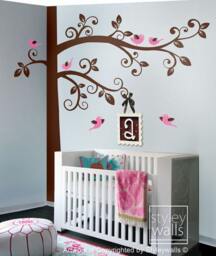 Swirly Tree Wall Decal, Corner With Birds Sticker For Kids Nursery Decor - thumbnail 2