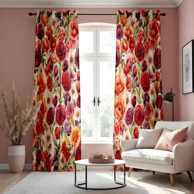 Vibrant Floral Watercolor Curtain Panels, Purple & Orange Roses With Green Leaves Drape, Bright Garden Inspired Window Treatment - image 1