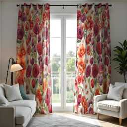 Vibrant Floral Watercolor Curtain Panels, Purple & Orange Roses With Green Leaves Drape, Bright Garden Inspired Window Treatment - thumbnail 3