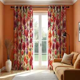 Vibrant Floral Watercolor Curtain Panels, Purple & Orange Roses With Green Leaves Drape, Bright Garden Inspired Window Treatment - thumbnail 2