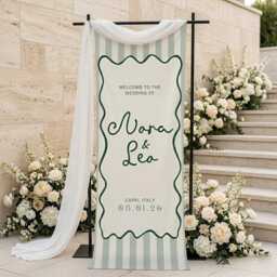 Personalized Wedding Welcome Banner Striped Pattern, Custom Couple Wall Tapestry, Beach Ceremony Sign, Elegant Decor 2026 - thumbnail 1