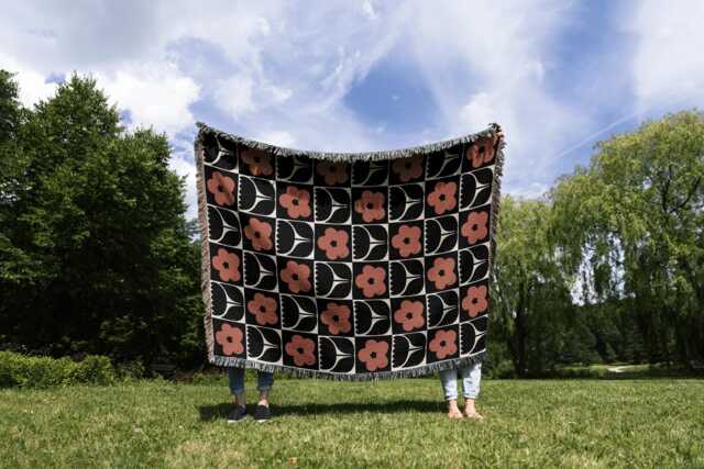 Floral Checkered Woven Cotton Blanket in Terracotta & Black - image 1