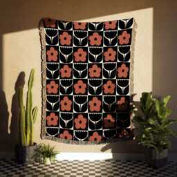 Floral Checkered Woven Cotton Blanket in Terracotta & Black - thumbnail 3