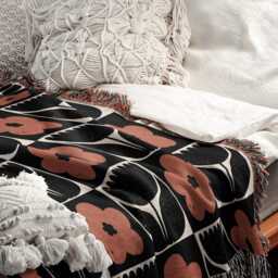 Floral Checkered Woven Cotton Blanket in Terracotta & Black - thumbnail 2