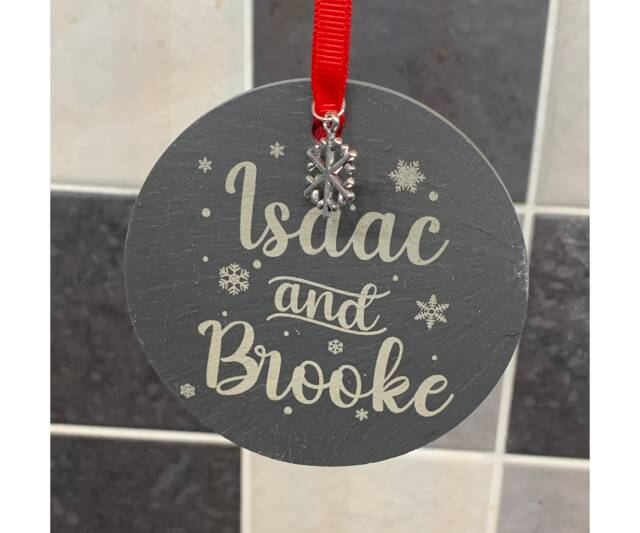 Personalised 2 Names Christmas Tree Bauble Decorations Natural Slate Childrens - image 1